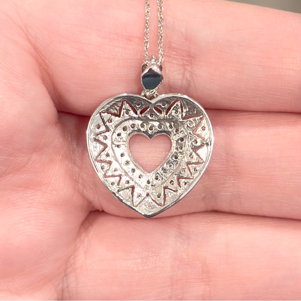 10K Diamond Heart Necklace, Dainty Filigree, Lavalier Style, White Gold, ADL - Picture 10 of 12
